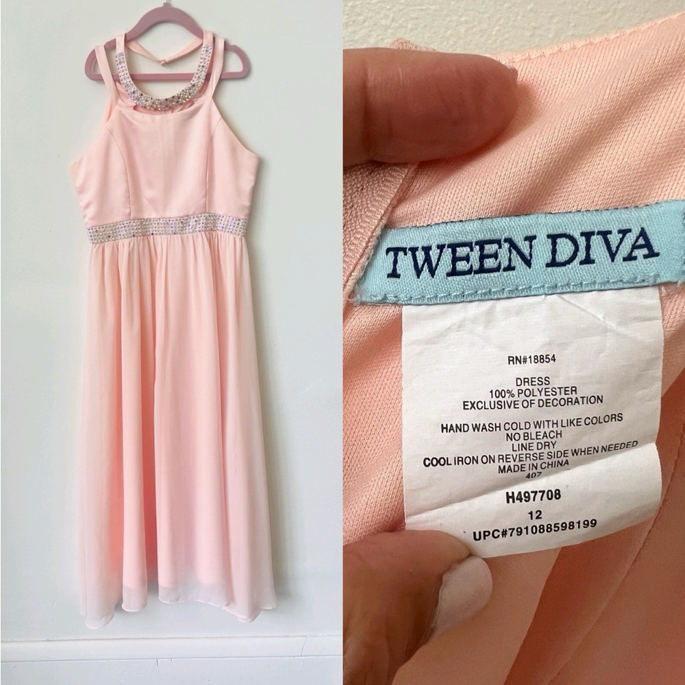 Tween Diva Pink Beaded Rhinestone Formal Maxi Dress Size 12